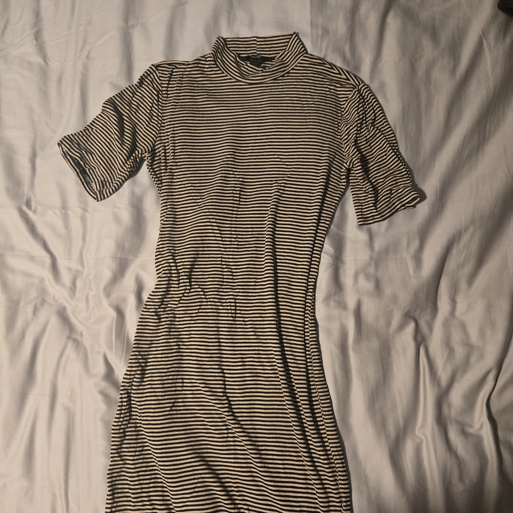 Forever21 Black Tan Brown Striped Bodycon Mock Neck Midi Dress